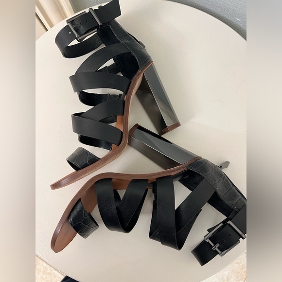 BCBG Max Azria black leather strappy sandal with chunky metallic heel. Size 8M. - Picture 6 of 7